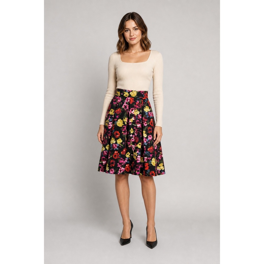 Eliza J Pleated A-Line Skirt Womens 4 Black Floral Ikat Pockets Tulle Skirt